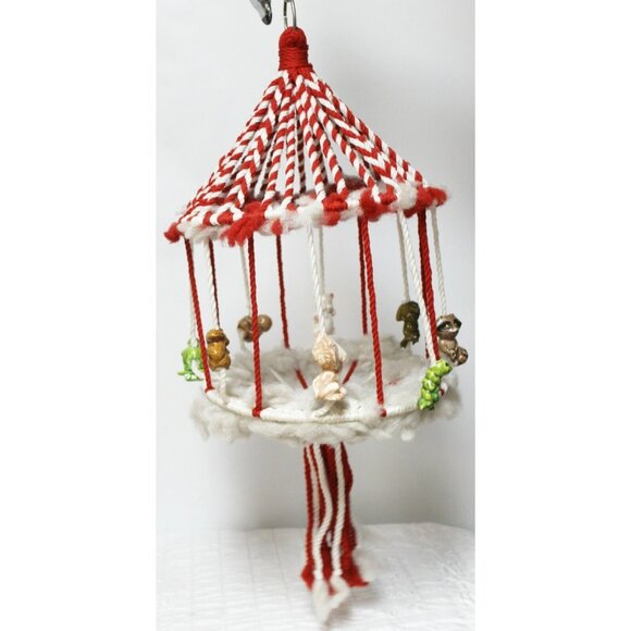 Vtg 60 Macrame Plant Holder Red/white Circus Ceramic Animal Beads Merry Go Round - Picture 4 of 8
